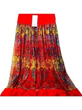 Sacred Threads Paisley Maxi Skirt With Red Lace Waist & Sheer Hem One Size
